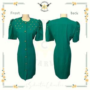 Vintage 70s FLORENTINE Canada Dress Green with Gold Buttons Secretary 11/12
